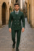 Mens Green Pinstripe Double-Breasted Suit – Slim Fit 2 Piece Formal Business Suit with Peak Lapel 1920s Gangster Pinstripe