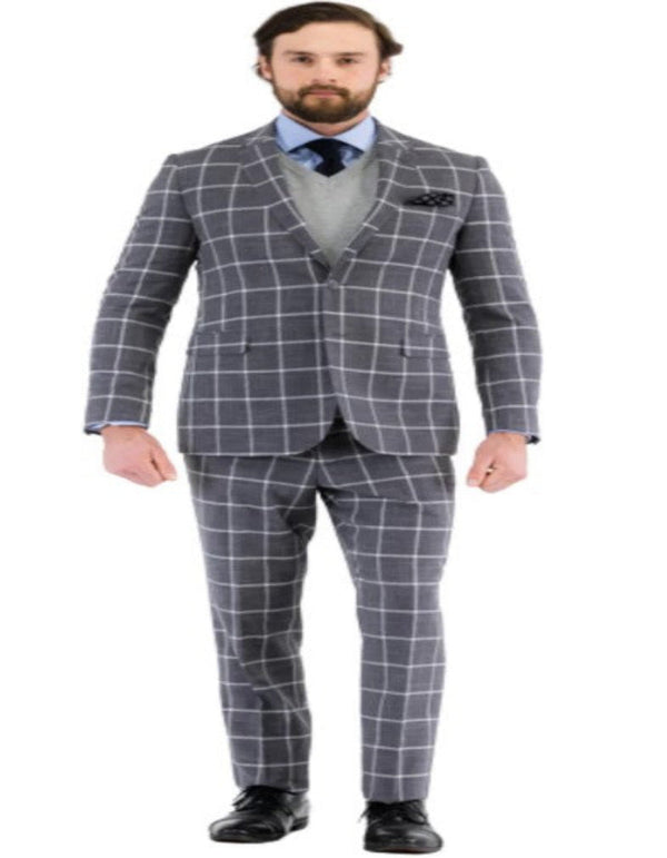 Mens Plaid Suit - Windowpane Pattern With Vest - Business Suit Grey