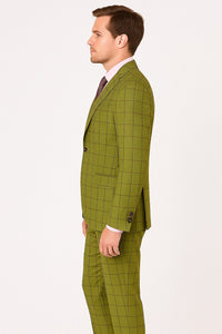 Mens Light Olive Green Three-Piece Plaid Suit with Notch Lapel - Sage Green Windowpane Pattern
