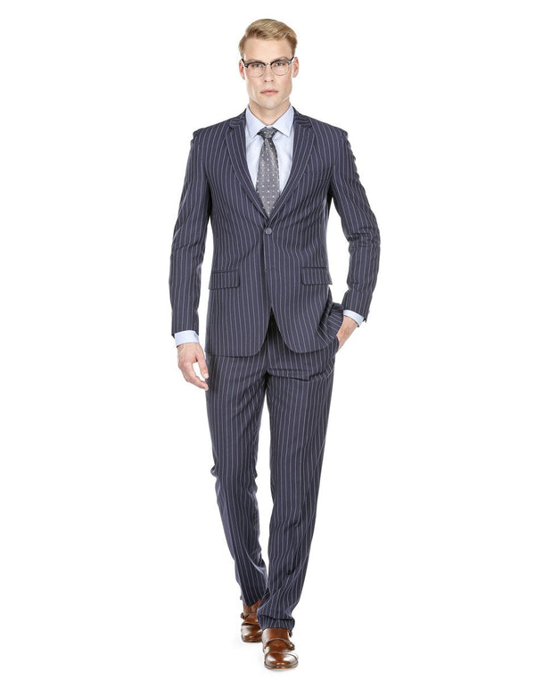 Mens Modern Fit Gangster Pinstripe Suit Navy Blue