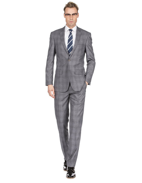 Mens Modern Fit Plaid Suit Grey