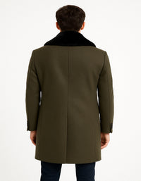 Mens Olive Green Wool Overcoat with Black Faux Fur Shawl Collar – Double Breasted Winter Coat