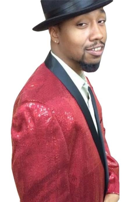 Alberto Nardoni Red Shiny Sequin Tuxedo Black Lapel paisley look sport jacket ~ coat - Red Tuxedo Insulated Jackets