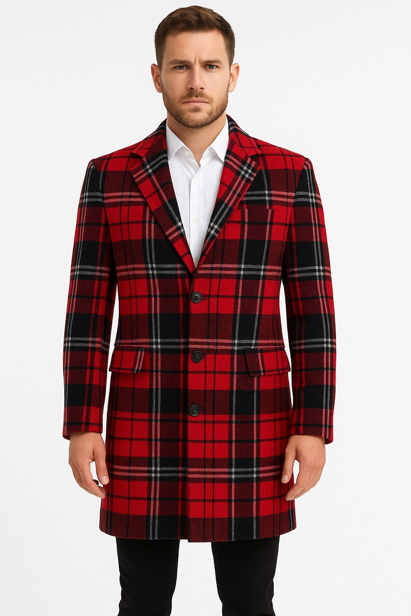 Mens Red and Black Plaid Wool Overcoat with Notch Lapel – OvercoatUSA