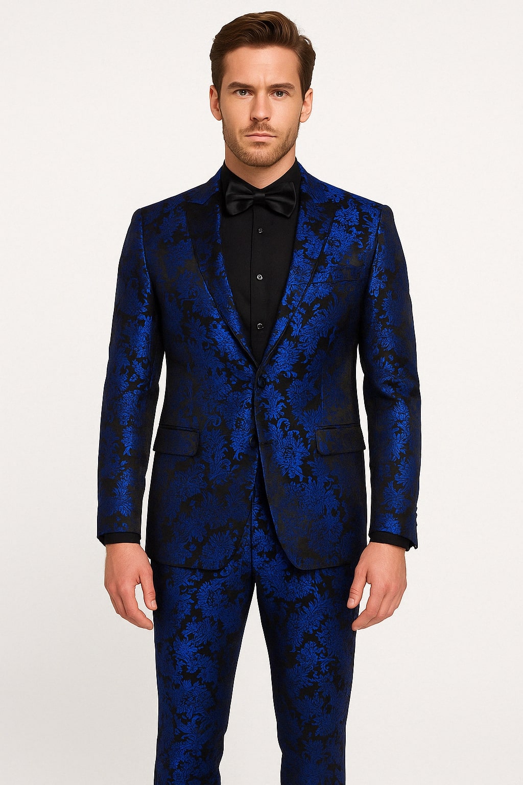 Mens Royal Blue Metallic Floral Suit Black Background Two Piece Tuxe OvercoatUSA Mens Royal Blue Metallic Floral Suit Black Background Two Piece Tuxe OvercoatUSA