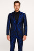 Mens Royal Blue Metallic Floral Suit – Black Background Two Piece Tuxedo Set