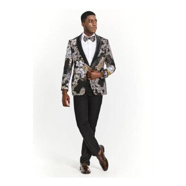 Mens Black Tuxedo Paisley-Floral Sport Coat