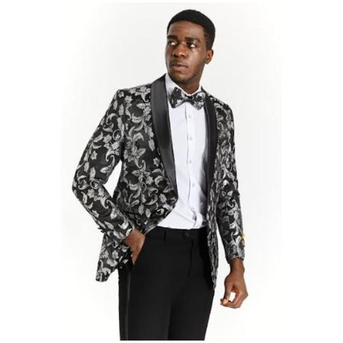 Men's Black And White Paisley Tuxedo Sparkling Blazer-Floral Sport Coat