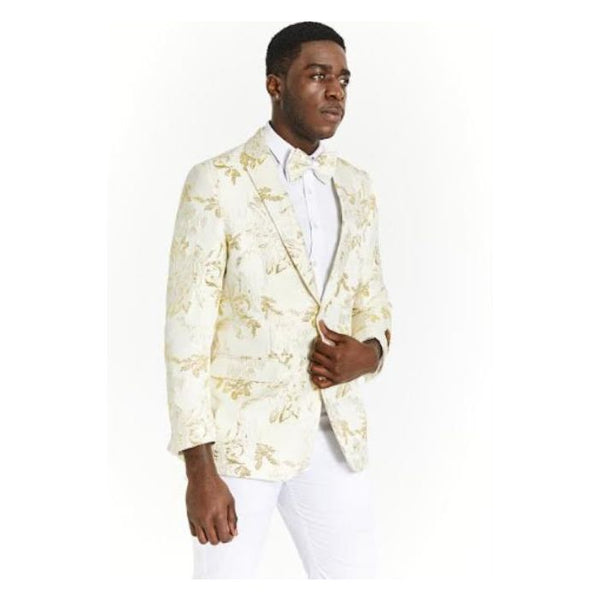 Off-White And Gold PaisleyTuxedo Sparkling Blazer-Floral Sport Coat