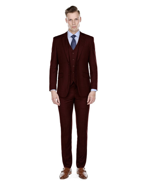 Mens Slim Fit Vested Suit Burgundy