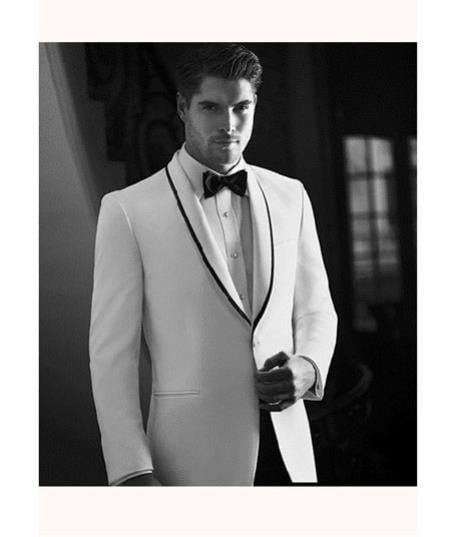 Men's White Tuxedo Dinner Jacket Suit Shawl Collar with Black trim lapel 1 button + Pants Chore Jackets