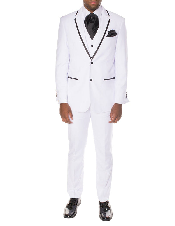 Mens 2 Button Satin Trim Prom Tuxedo in White & Black