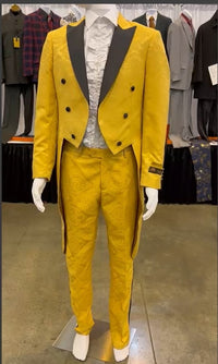 Mens Yellow Tailcoat Tuxedo with Black Lapel and Brocade Detailing – Formal Vintage Style Suit