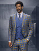 Statement Mens Modern Fit 3 Piece 100% Super 200s Wool Windowpane Plaid Suit – Double Breasted Vest
