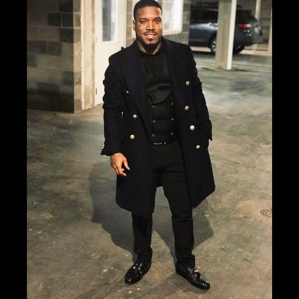 Mens Black Wool Topcoat With Gold Buttons - Carcoat Double Breasted Peacoat
