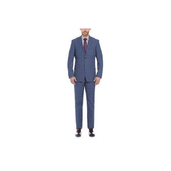 MENS BLUE NOTCH LAPEL PLAID VERNO PATTERN SLIM FIT SUIT