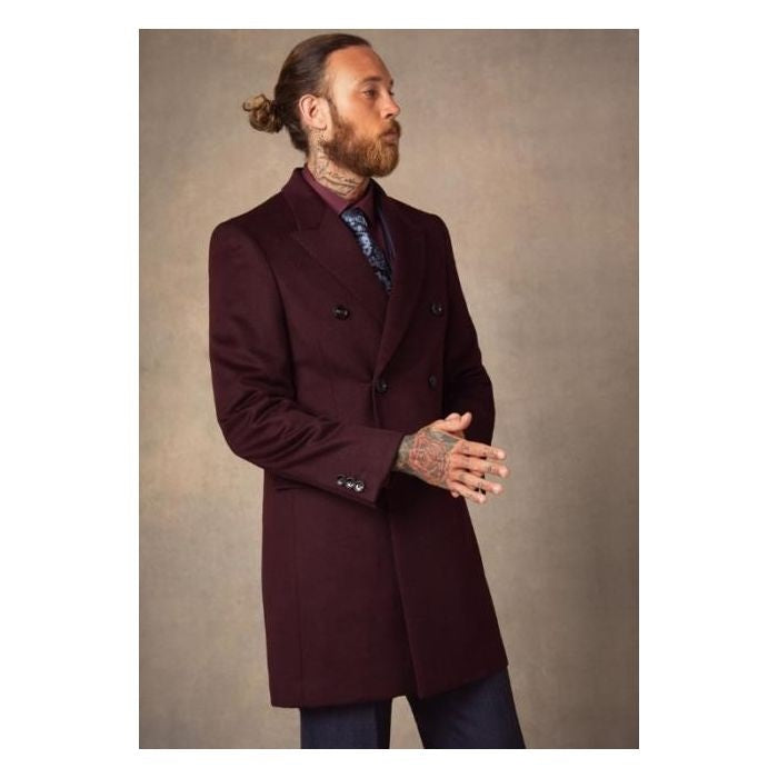 3514 Burgundy Double Breasted Wool Blend Coat