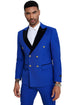 Mens Double Breasted Wedding Suit With Velvet Peak Lapel and Gold Buttons in Royal Blue
