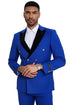 Mens Double Breasted Wedding Suit With Velvet Peak Lapel and Gold Buttons in Royal Blue
