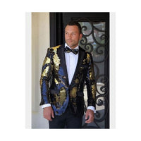 Mens Fashion Shiny Black/Gold/Sequin Satin Shawl Sport coat