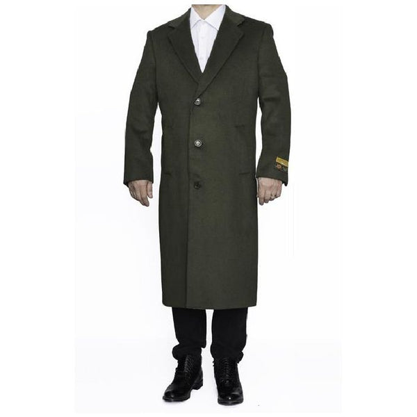 Mens Full Length Wool Dress Top Coat / Overcoat in Olive Green