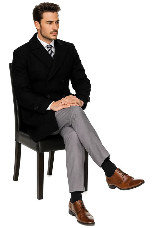 Mens Knee Length Pea coat Balck Mens Peacoat