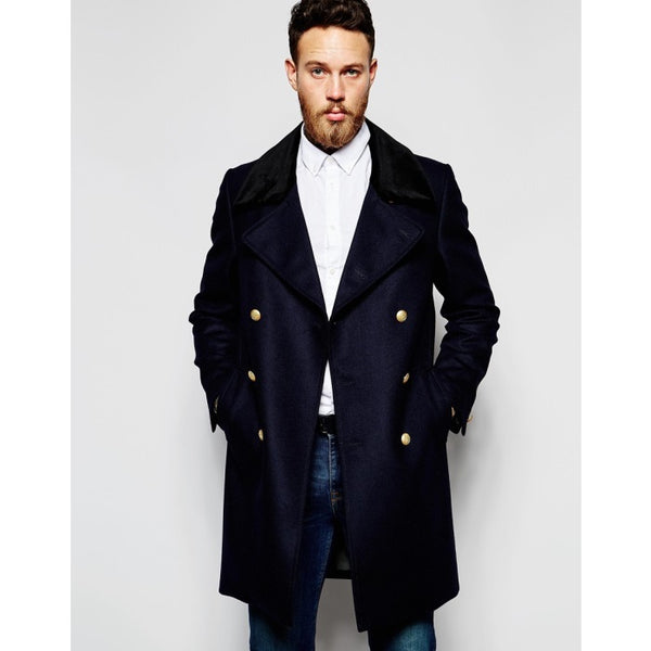 Mens Navy Wool Topcoat With Gold Buttons - Carcoat Double Breasted Peacoat