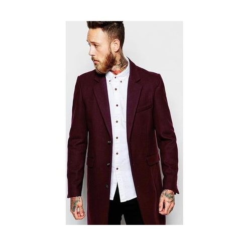 Mens Notch Lapel Wool Burgundy Wine Car Coat