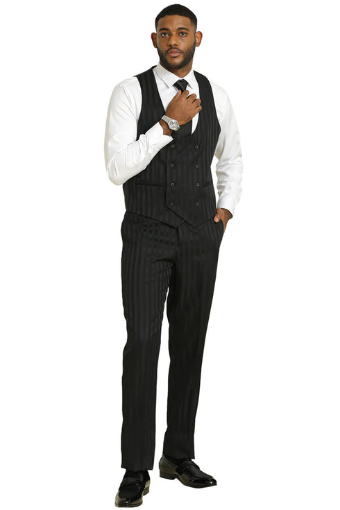 Mens Stacy Adams Modern Fit Vested Suit in Black Tonal Shadown Pinstripe