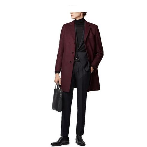 Mens Standard Notch Lapels Dark Red Length Coat