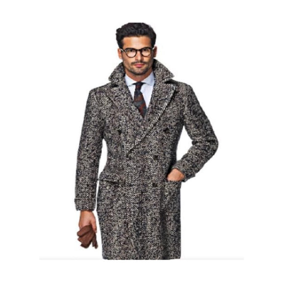 Mens Tweed Overcoat - Herringbone Overcoat - Black And White Topcoat