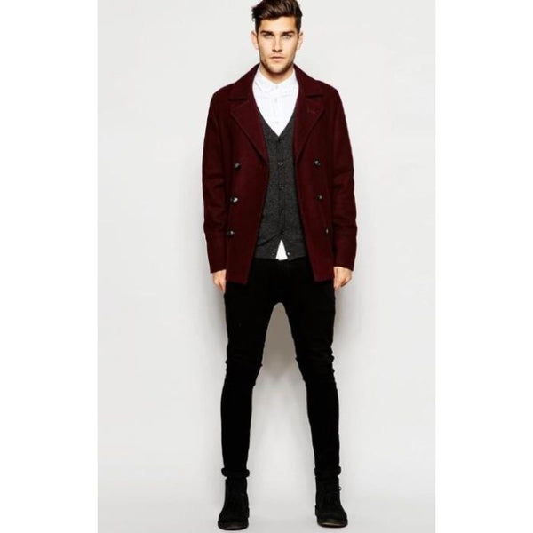 Mens Wool Burgundy Wine Car Coat Peacoat