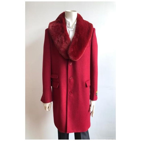 Mens Wool Three Quarter Overcoat With Red