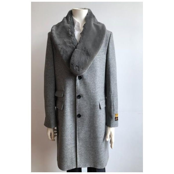 Mens Wool Three Quarter Peacoat Carcoat  Overcoat With Fur Collar LT Gray