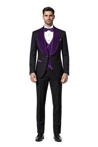 Mens Black With Purple Velvet Lapel 3-Piece Tailored-Fit Tuxedo