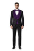 Mens Black With Purple Velvet Lapel 3-Piece Tailored-Fit Tuxedo