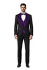 Mens Black With Purple Velvet Lapel 3-Piece Tailored-Fit Tuxedo