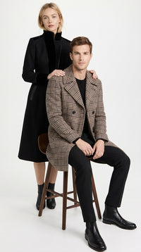 Men’s Black and White Plaid Wool Peacoat, Formal Winter Dress Coat for Business and Casual Wear