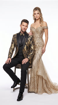 Men’s Black and Gold Floral Jacquard 3 Piece Suit, Modern Fit Tuxedo with Matching Bow Tie for Weddings and Prom