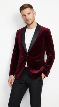 Men’s Burgundy Velvet Dinner Jacket, Designer Black Satin Shawl Lapel Tuxedo Blazer for Weddings, Prom and Formal Events