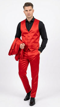 Men’s Red 3 Piece Slim Fit Shiny Satin Suit, Formal Wedding Prom Party Dress Suit