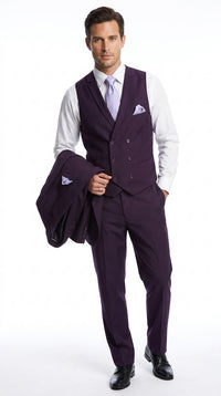 Men’s Purple 2 Button Fashion Suit with Double Breasted Vest, Formal Wedding Prom Dress Suit
