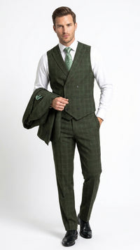 Men’s Olive Windowpane Plaid Suit, 2 Button Formal Suit with Double Breasted Vest