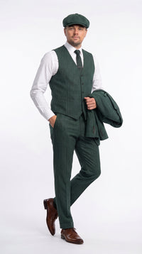 Thomas Shelby Peaky Blinders Green Pinstripe 3-Piece Wool Suit – Vintage 1920s Gangster Wedding Suit for Men