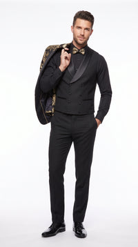Men’s Black and Gold Floral Jacquard 3 Piece Suit, Modern Fit Tuxedo with Matching Bow Tie for Weddings and Prom