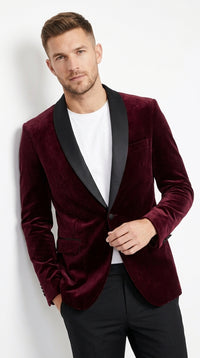 Men’s Burgundy Velvet Dinner Jacket, Designer Black Satin Shawl Lapel Tuxedo Blazer for Weddings, Prom and Formal Events