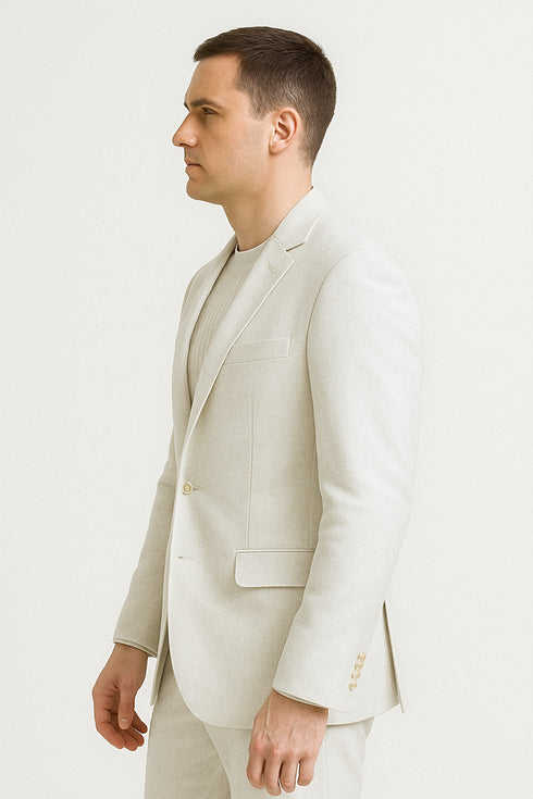 Mens Two Piece Linen Suit Relaxed Hybrid Fit No Collar