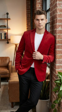 Men’s Red Velvet Big and Tall Blazer, Affordable Clearance Formal Sport Coat for Prom and Parties