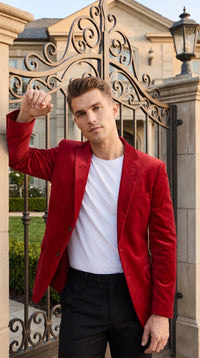 Men’s Red Velvet Big and Tall Blazer, Affordable Clearance Formal Sport Coat for Prom and Parties