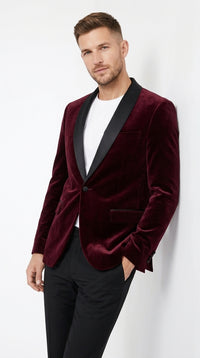 Men’s Burgundy Velvet Dinner Jacket, Designer Black Satin Shawl Lapel Tuxedo Blazer for Weddings, Prom and Formal Events